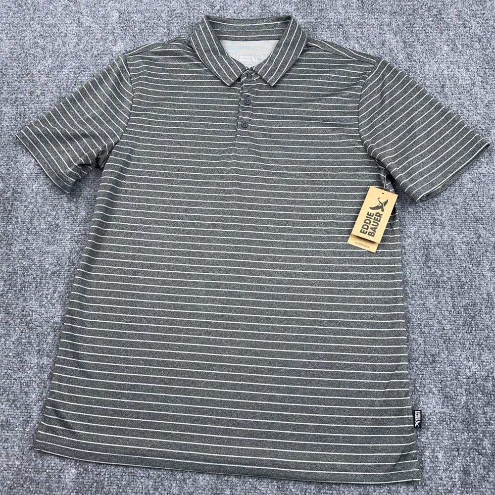 NEW Eddie Bauer Alder Performance Polo Shirt Mens Medium Gray‎ Striped Stretch